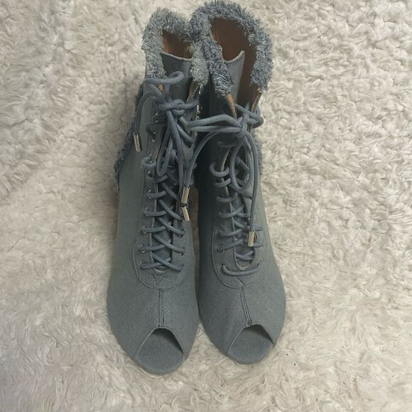 Bella Marie Frayed Denim Peep Toe Lace Up Stiletto Ankle Boots side zipper SZ10 - Picture 2 of 15